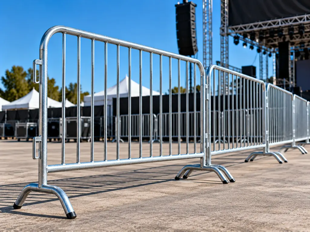 Barricadas de acero galvanizado para control de multitudes alineadas frente al escenario de un evento