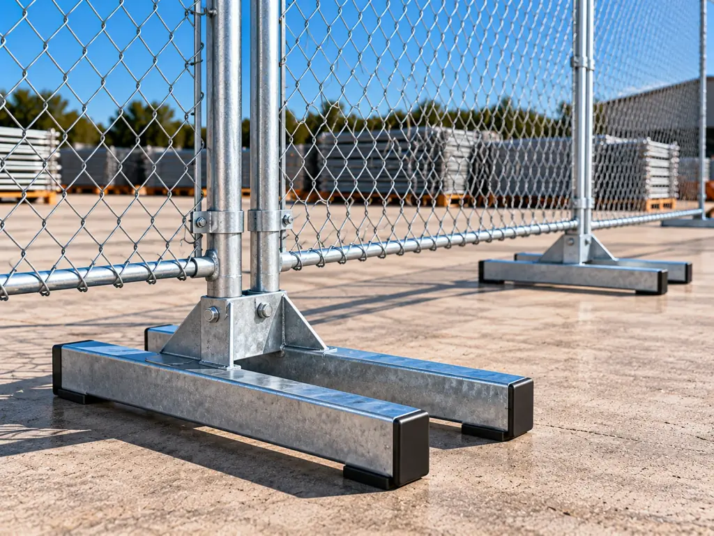 Acercamiento de una base de acero galvanizado que une dos paneles de malla sobre superficie dura