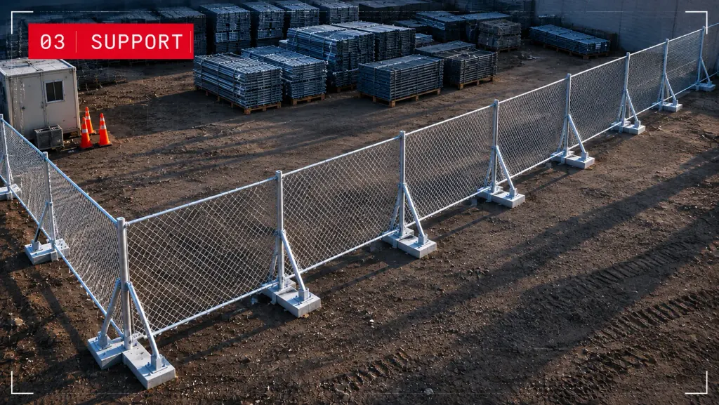 Tramo de cerca temporal con bases reforzadas sobre bloques de concreto junto a inventario de paneles